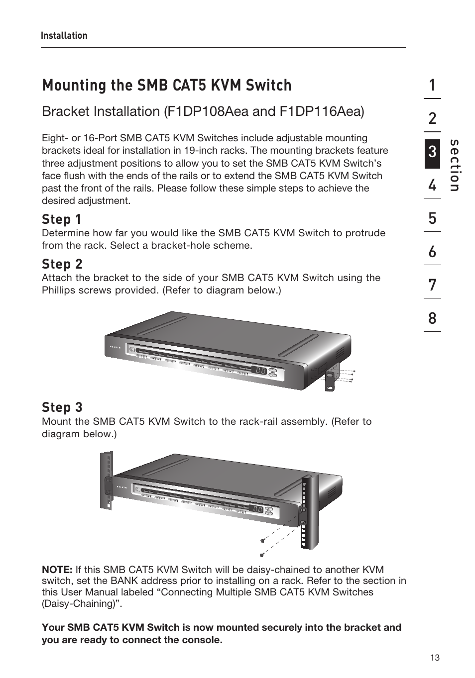 Mounting the smb cat5 kvm switch, Se ct io n | Belkin F1DP108AEA User Manual | Page 16 / 306