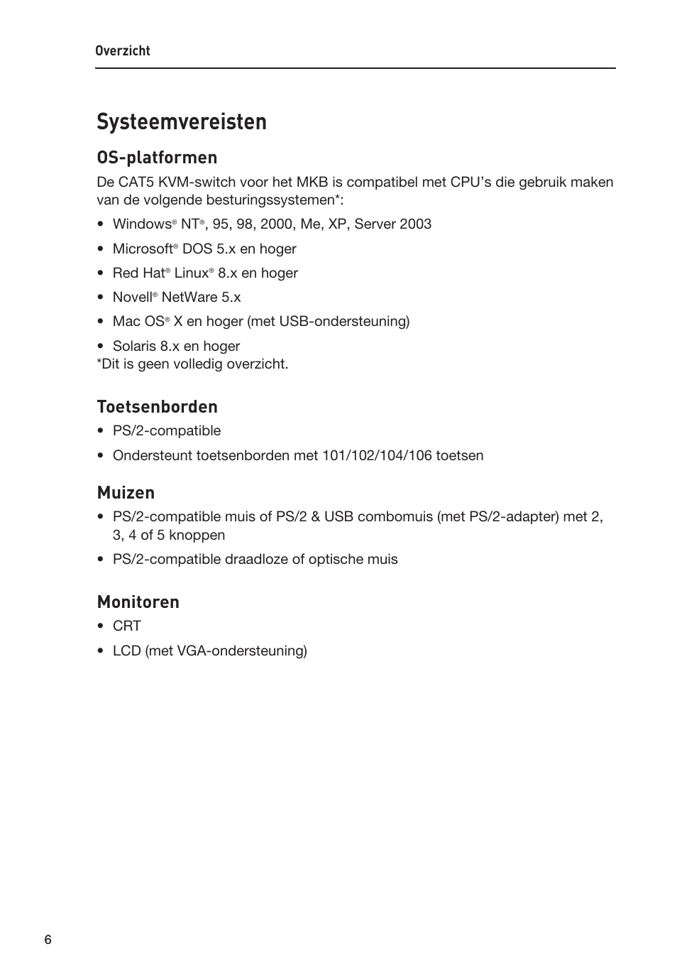 Systeemvereisten, Os-platformen, Toetsenborden | Muizen, Monitoren | Belkin F1DP108AEA User Manual | Page 162 / 306