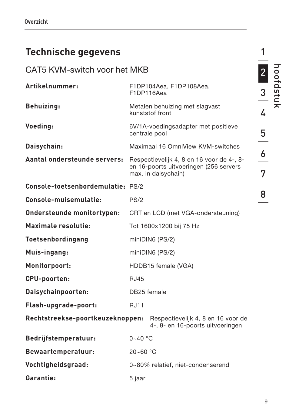 Technische gegevens, Ho of ds tu k, Cat5 kvm-switch voor het mkb | Belkin F1DP108AEA User Manual | Page 165 / 306