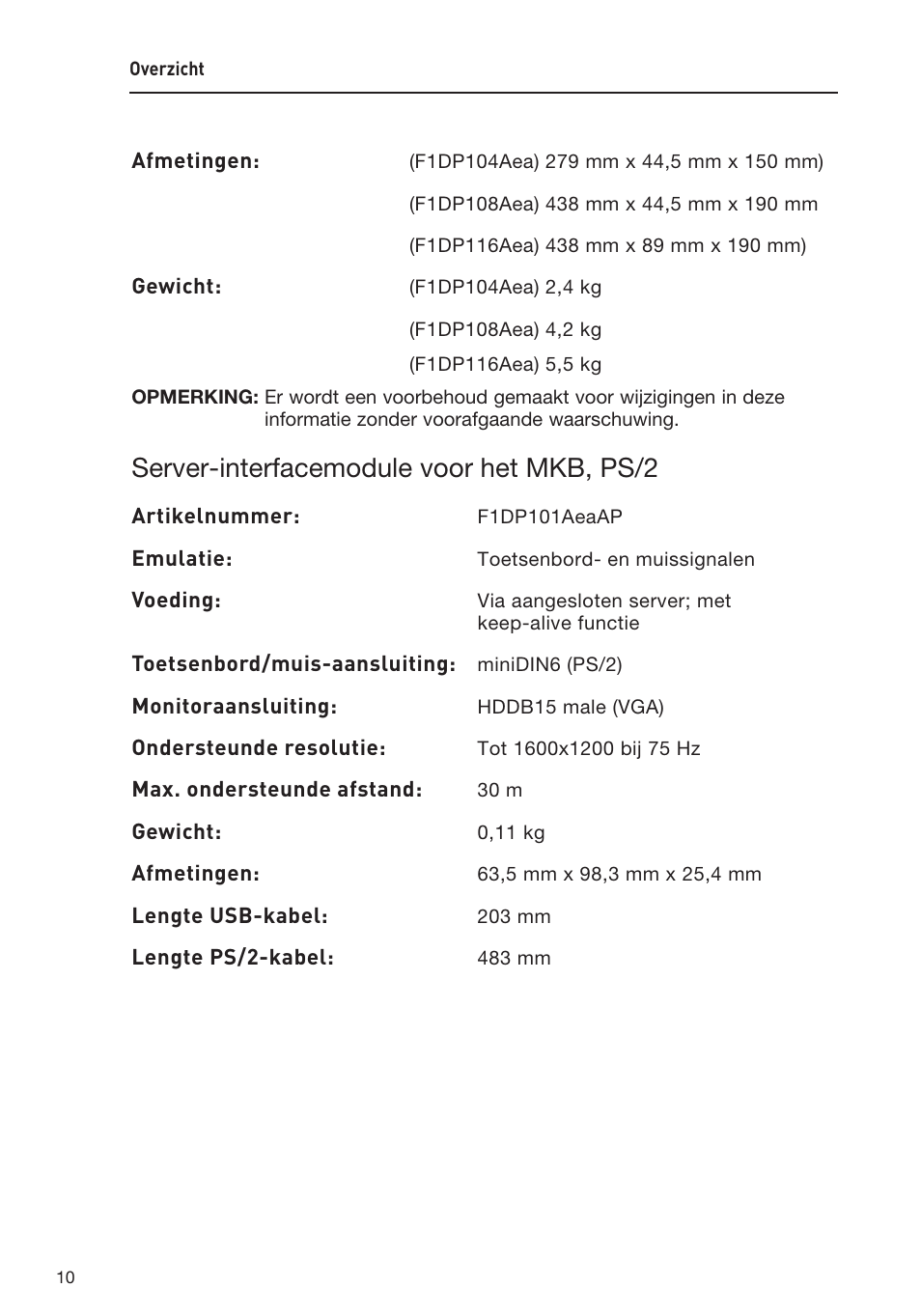 Server-interfacemodule voor het mkb, ps/2 | Belkin F1DP108AEA User Manual | Page 166 / 306