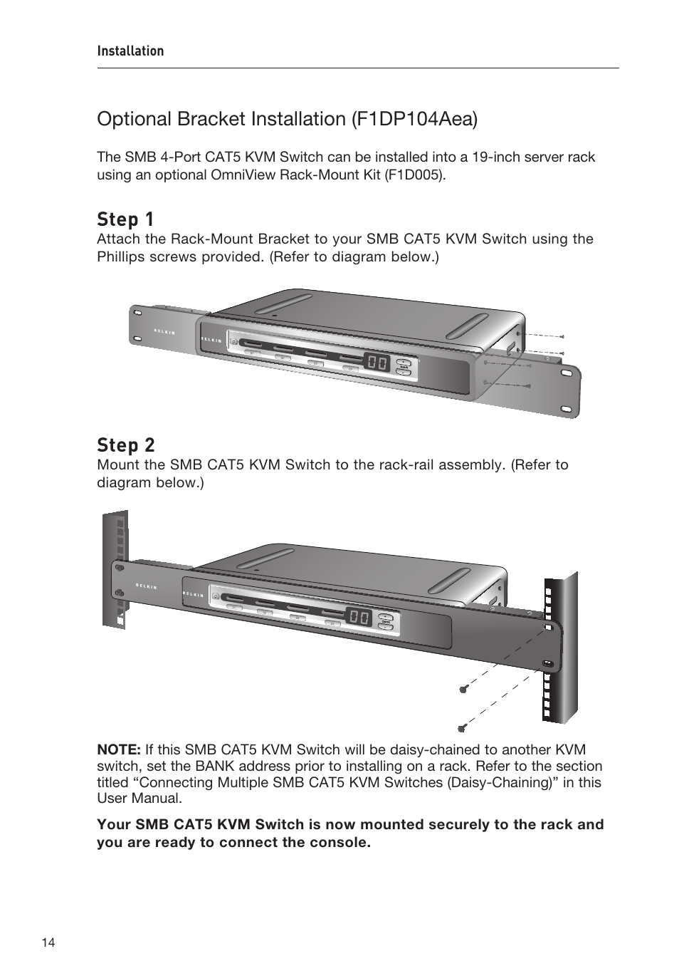 Optional bracket installation (f1dp104aea), Step 1, Step 2 | Belkin F1DP108AEA User Manual | Page 17 / 306