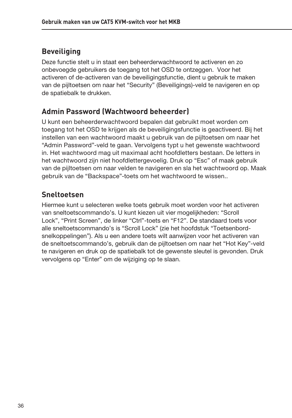 Beveiliging, Admin password (wachtwoord beheerder), Sneltoetsen | Belkin F1DP108AEA User Manual | Page 192 / 306