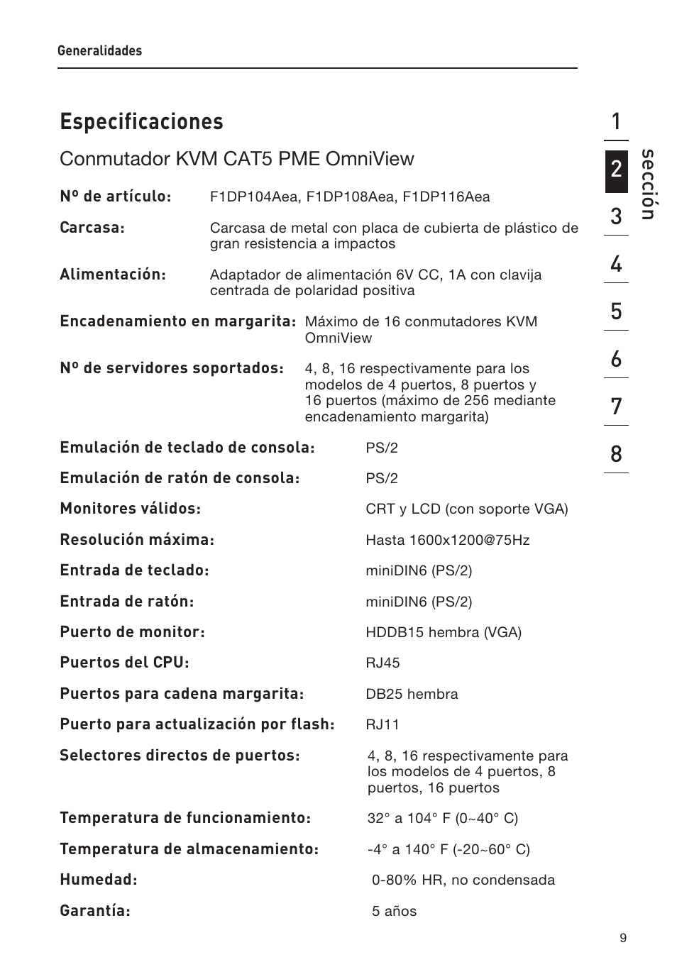 Especificaciones, Sec ción, Conmutador kvm cat5 pme omniview | Belkin F1DP108AEA User Manual | Page 216 / 306