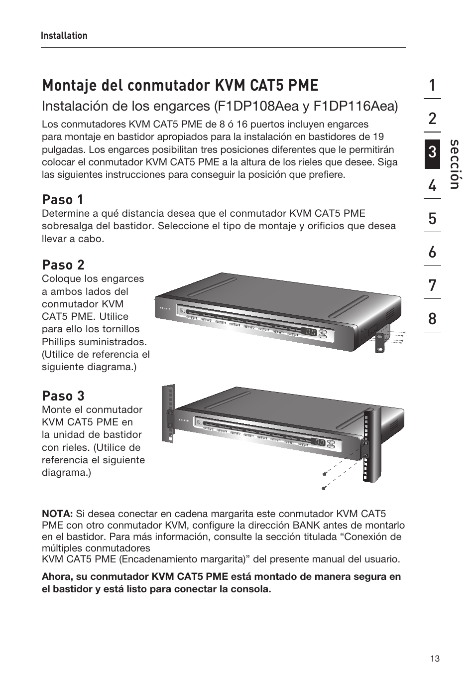 Montaje del conmutador kvm cat5 pme, Sec ción | Belkin F1DP108AEA User Manual | Page 220 / 306