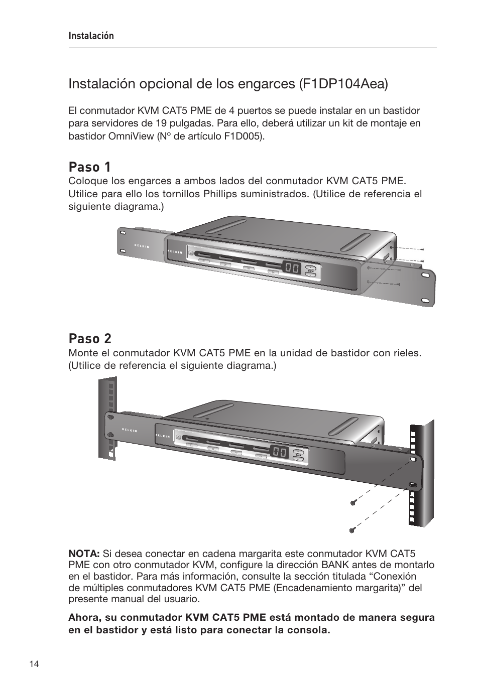 Instalación opcional de los engarces (f1dp104aea), Paso 1, Paso 2 | Belkin F1DP108AEA User Manual | Page 221 / 306