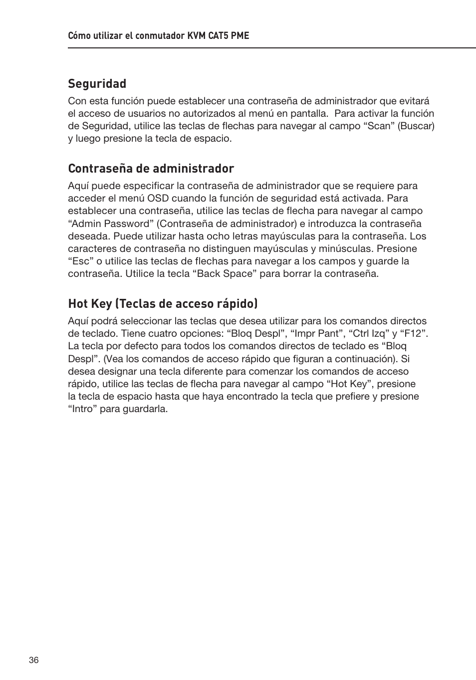 Seguridad, Contraseña de administrador, Hot key (teclas de acceso rápido) | Belkin F1DP108AEA User Manual | Page 243 / 306