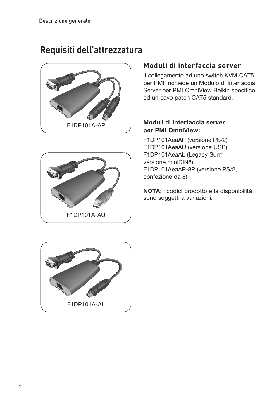 Requisiti dell’attrezzatura, Moduli di interfaccia server | Belkin F1DP108AEA User Manual | Page 262 / 306