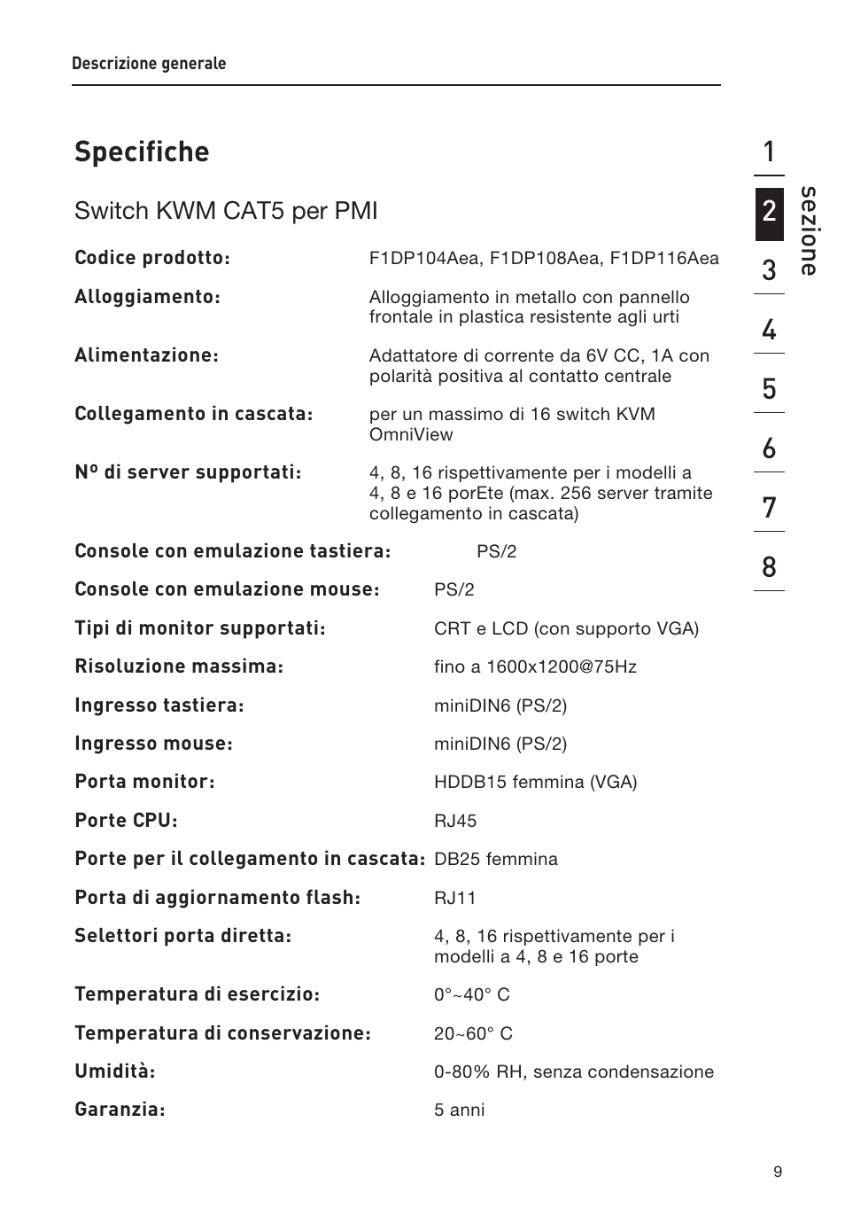 Specifiche, Sezione, Switch kwm cat5 per pmi | Belkin F1DP108AEA User Manual | Page 267 / 306