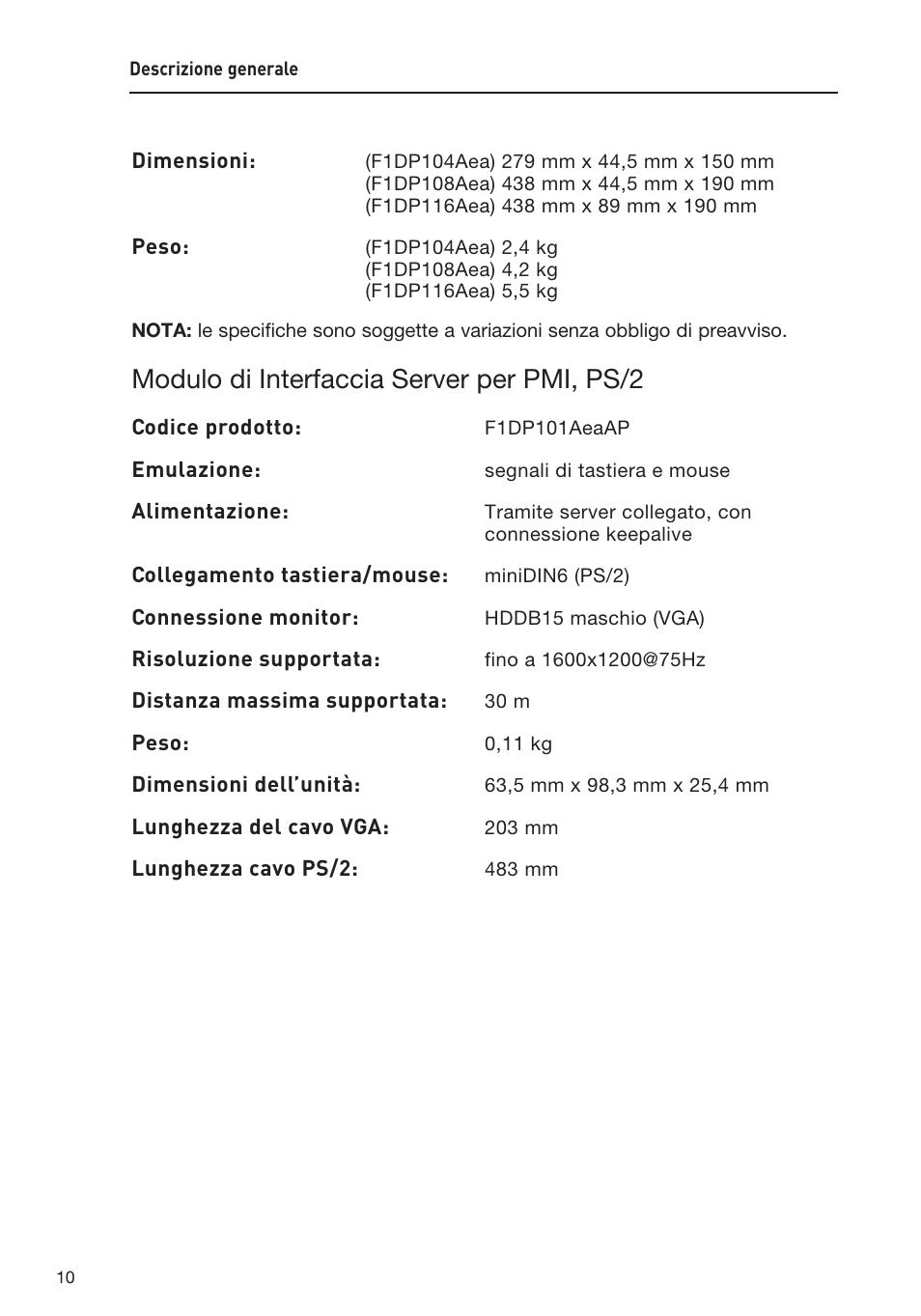 Modulo di interfaccia server per pmi, ps/2 | Belkin F1DP108AEA User Manual | Page 268 / 306