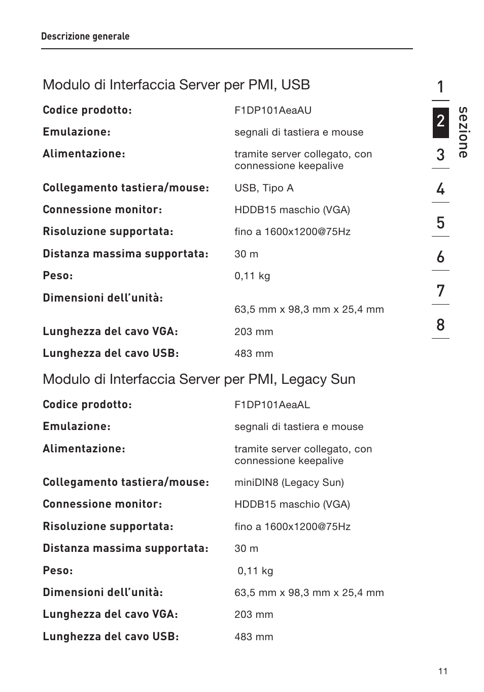 Sezione, Modulo di interfaccia server per pmi, usb, Modulo di interfaccia server per pmi, legacy sun | Belkin F1DP108AEA User Manual | Page 269 / 306