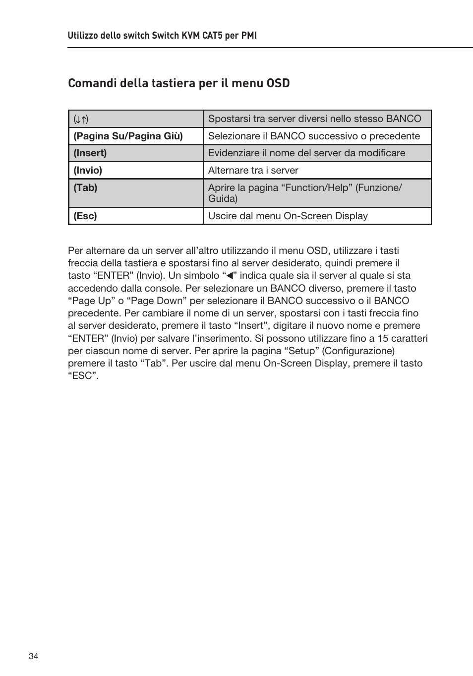 Comandi della tastiera per il menu osd | Belkin F1DP108AEA User Manual | Page 292 / 306