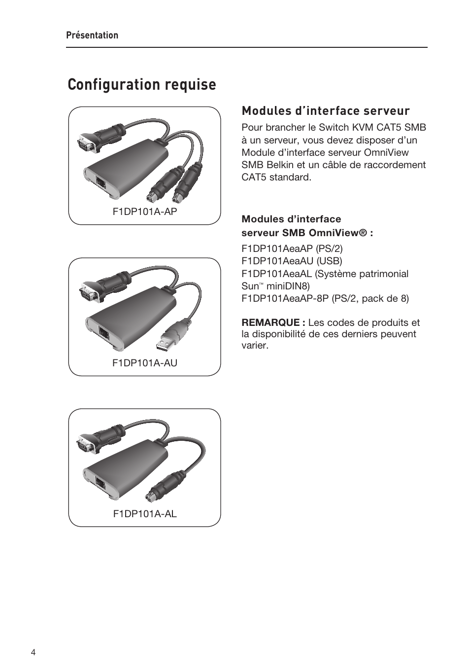 Configuration requise, Modules d’interface serveur | Belkin F1DP108AEA User Manual | Page 58 / 306