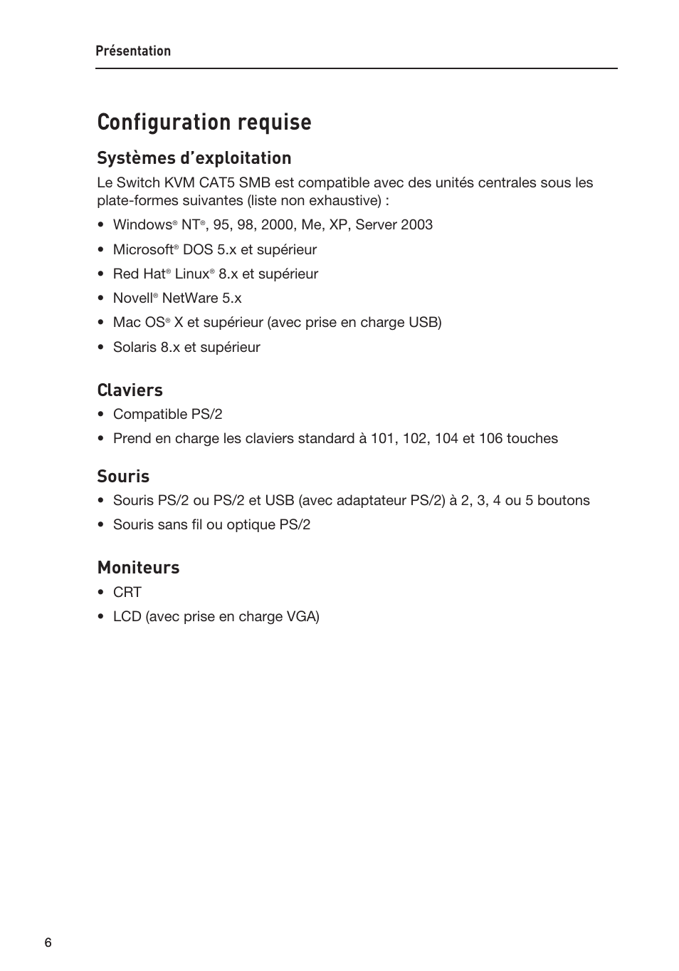 Configuration requise, Systèmes d’exploitation, Claviers | Souris, Moniteurs | Belkin F1DP108AEA User Manual | Page 60 / 306