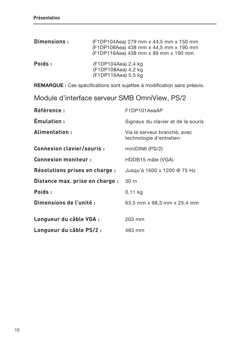 Module d’interface serveur smb omniview, ps/2 | Belkin F1DP108AEA User Manual | Page 64 / 306