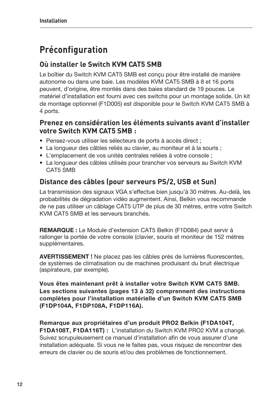Préconfiguration, Où installer le switch kvm cat5 smb | Belkin F1DP108AEA User Manual | Page 66 / 306