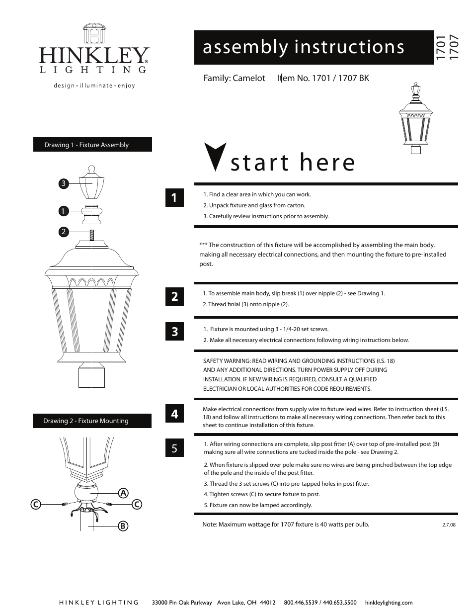 Hinkley Lighting CAMELOT 1701 User Manual | 2 pages