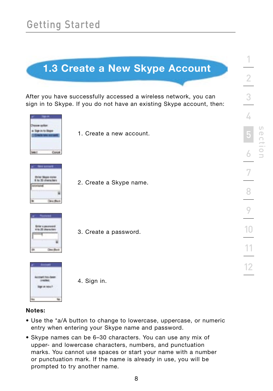 Getting started, 3 create a new skype account, Se ct io n | Belkin Skype F1PP000GN-SK User Manual | Page 11 / 54