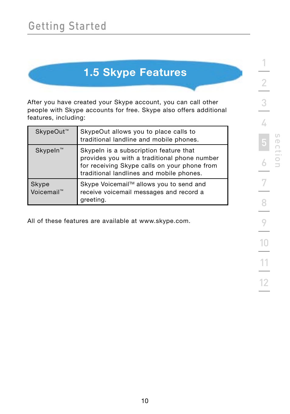 Getting started, 5 skype features, Se ct io n | Belkin Skype F1PP000GN-SK User Manual | Page 13 / 54