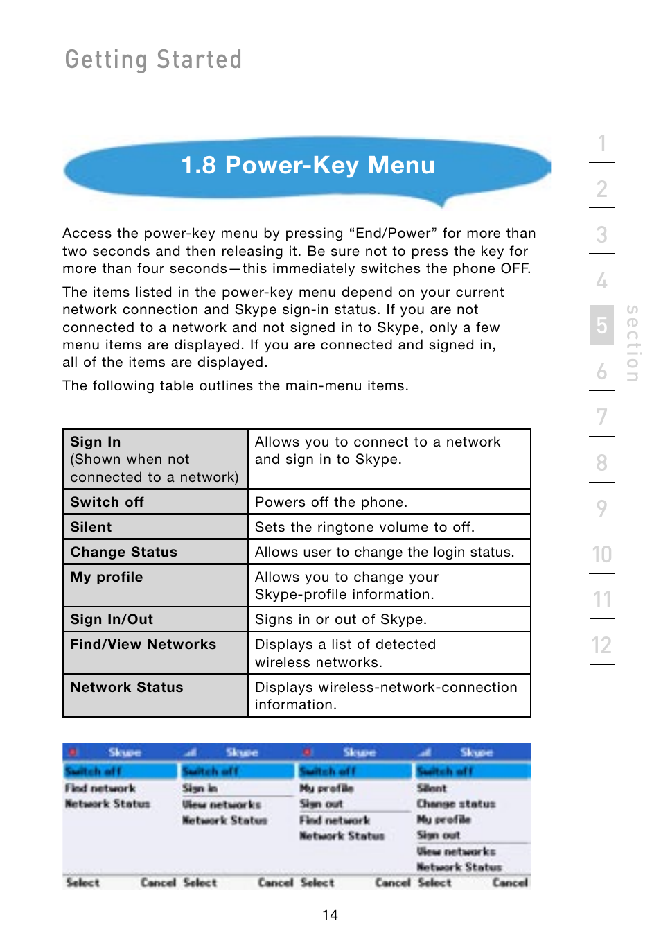 Getting started, 8 power-key menu, Se ct io n | Belkin Skype F1PP000GN-SK User Manual | Page 17 / 54