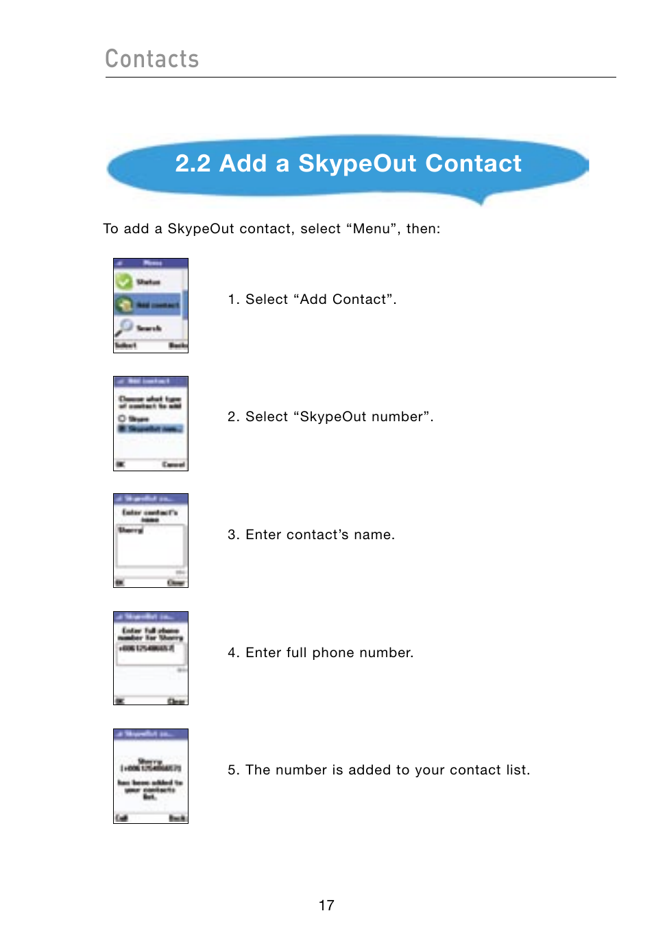 Contacts, 2 add a skypeout contact | Belkin Skype F1PP000GN-SK User Manual | Page 20 / 54