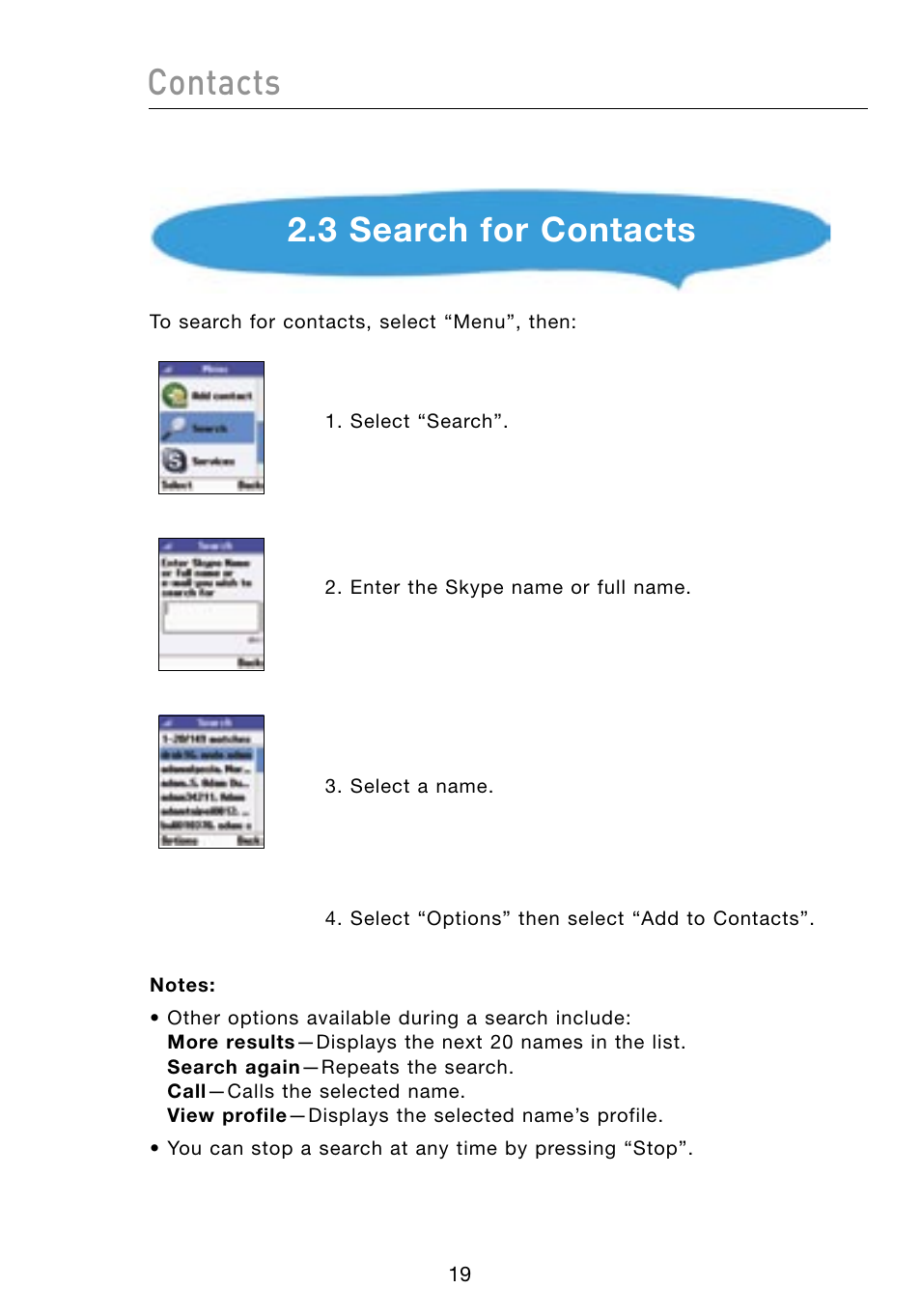 Contacts, 3 search for contacts | Belkin Skype F1PP000GN-SK User Manual | Page 22 / 54