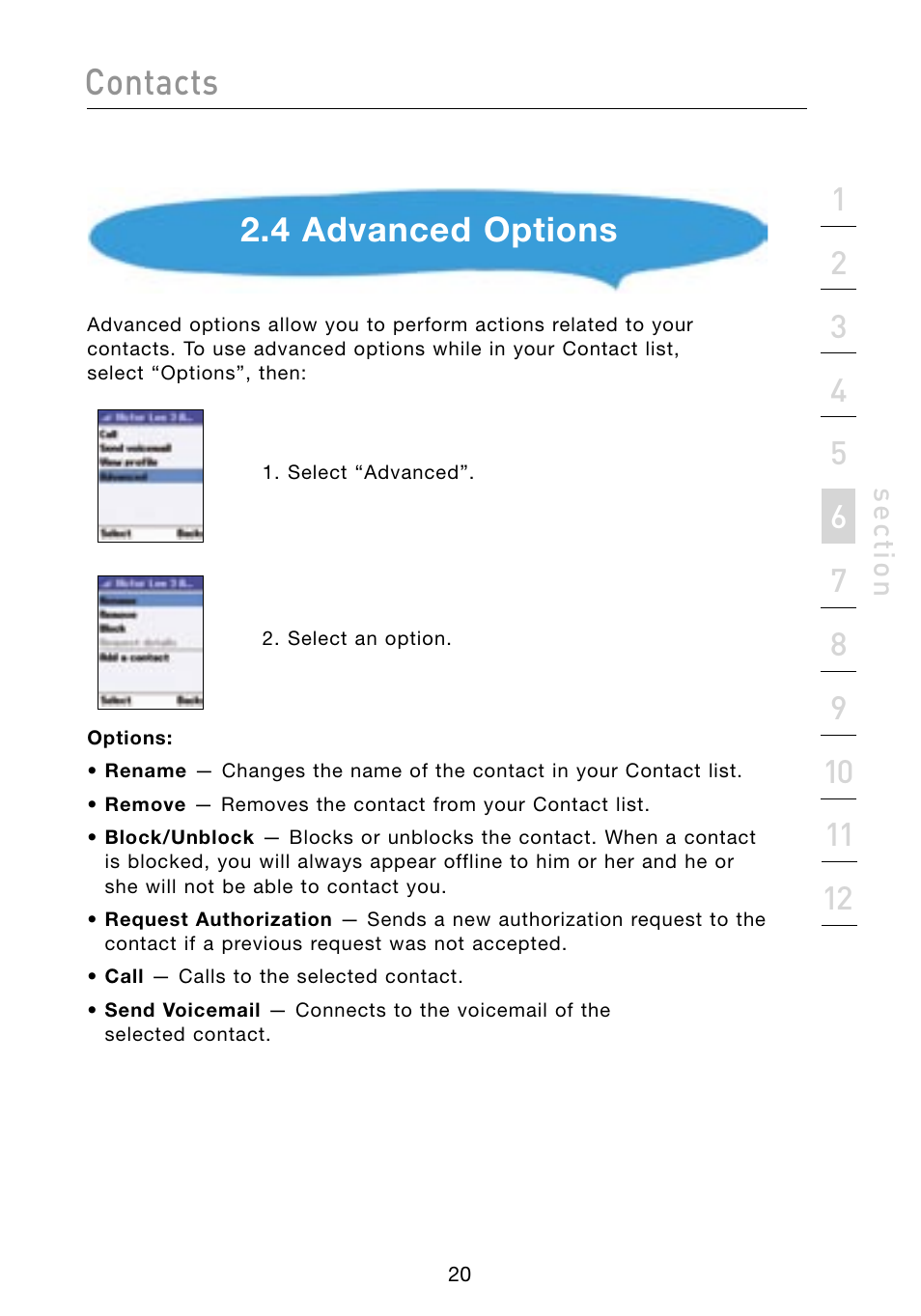 Contacts, 4 advanced options, Se ct io n | Belkin Skype F1PP000GN-SK User Manual | Page 23 / 54