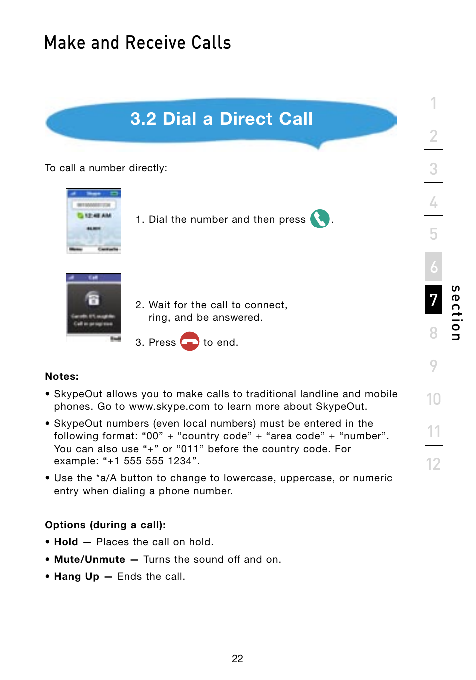 Make and receive calls, 2 dial a direct call, Se ct io n | Belkin Skype F1PP000GN-SK User Manual | Page 25 / 54