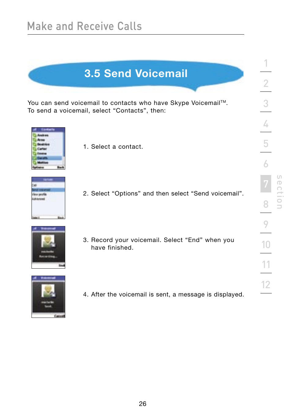 Make and receive calls, 5 send voicemail, Se ct io n | Belkin Skype F1PP000GN-SK User Manual | Page 29 / 54