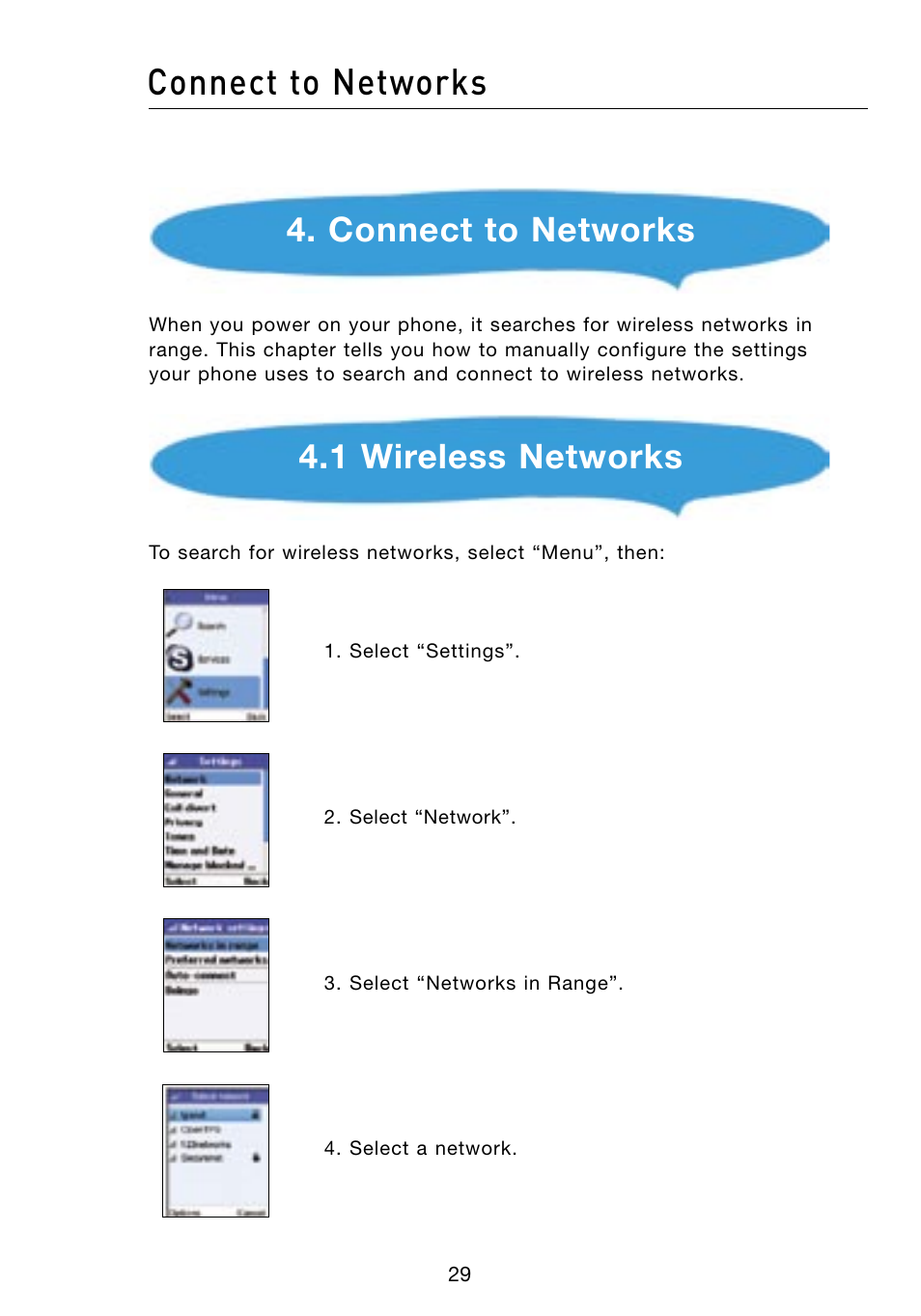 Connect to networks, 1 wireless networks | Belkin Skype F1PP000GN-SK User Manual | Page 32 / 54