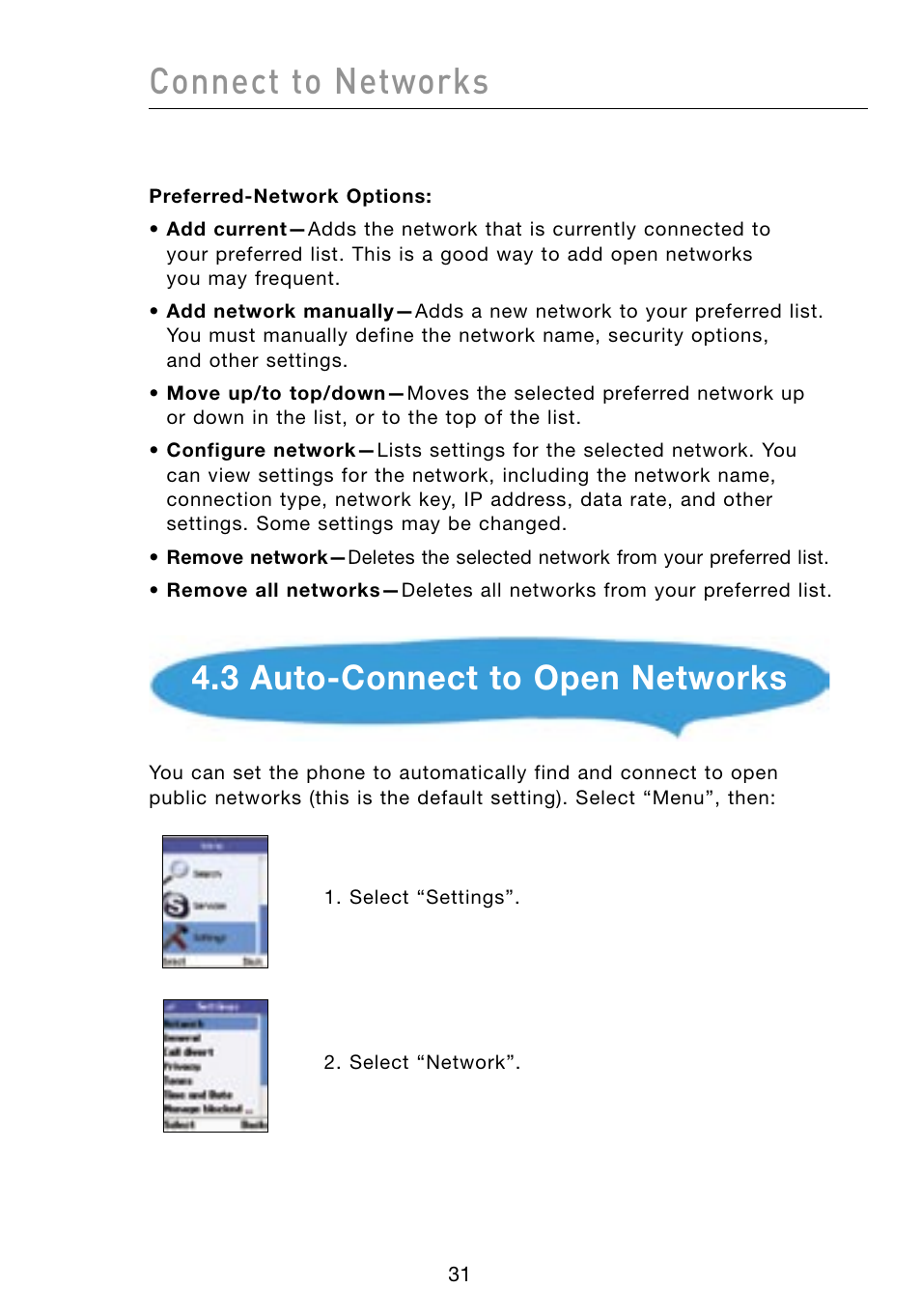 Connect to networks, 3 auto-connect to open networks | Belkin Skype F1PP000GN-SK User Manual | Page 34 / 54