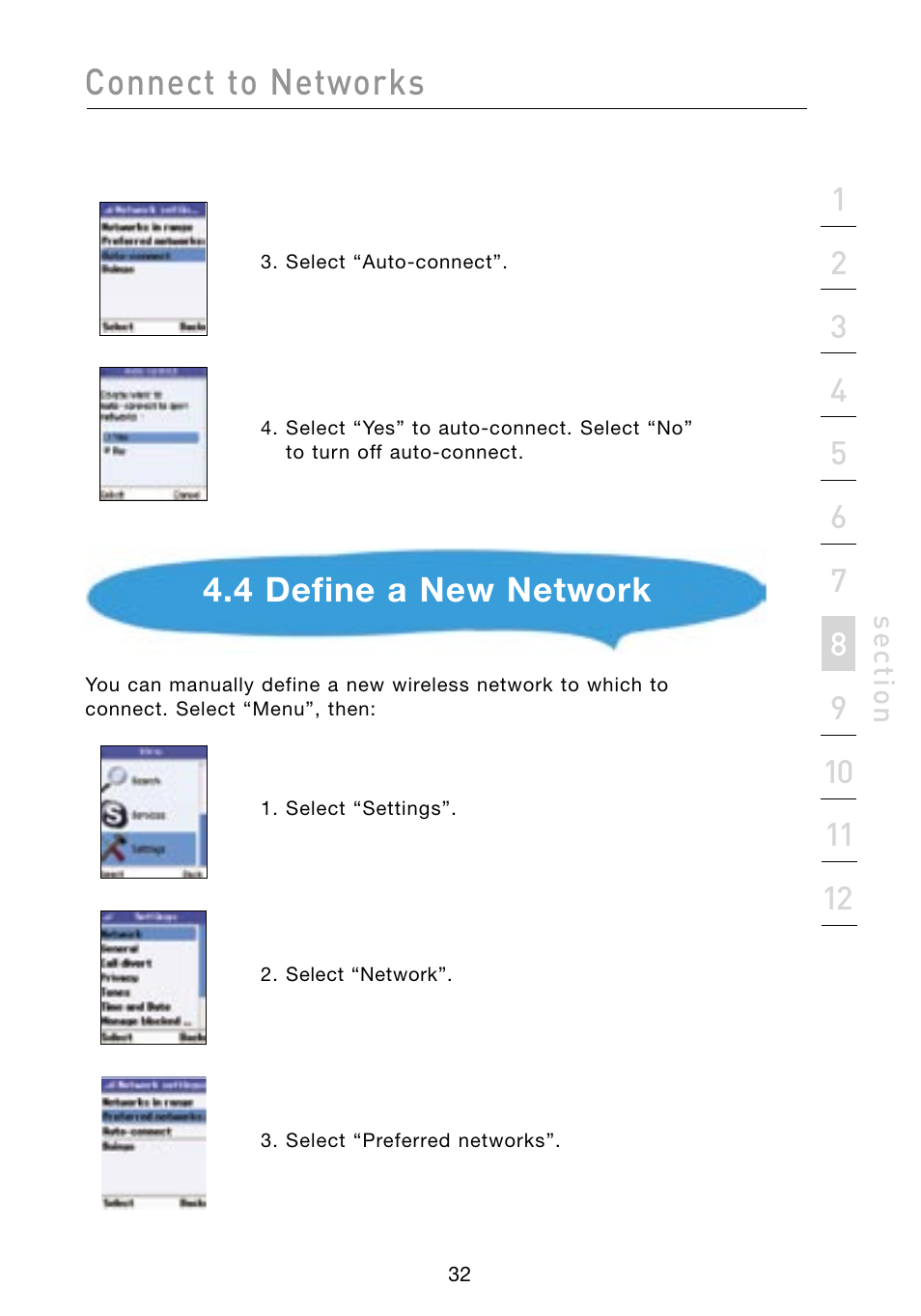 Connect to networks, 4 define a new network | Belkin Skype F1PP000GN-SK User Manual | Page 35 / 54