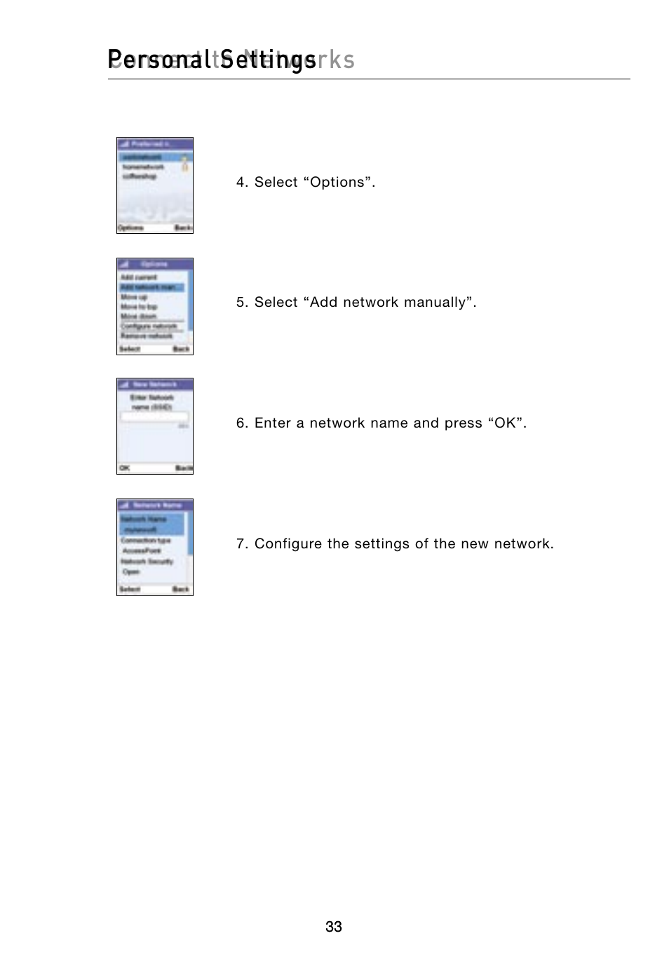 Connect to networks, Personal settings | Belkin Skype F1PP000GN-SK User Manual | Page 36 / 54