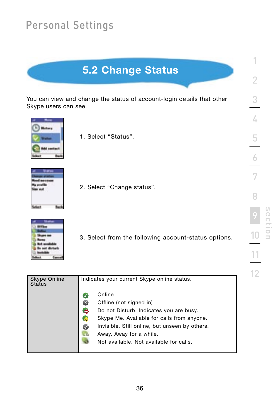 Personal settings, 2 change status, Se ct io n | Belkin Skype F1PP000GN-SK User Manual | Page 39 / 54