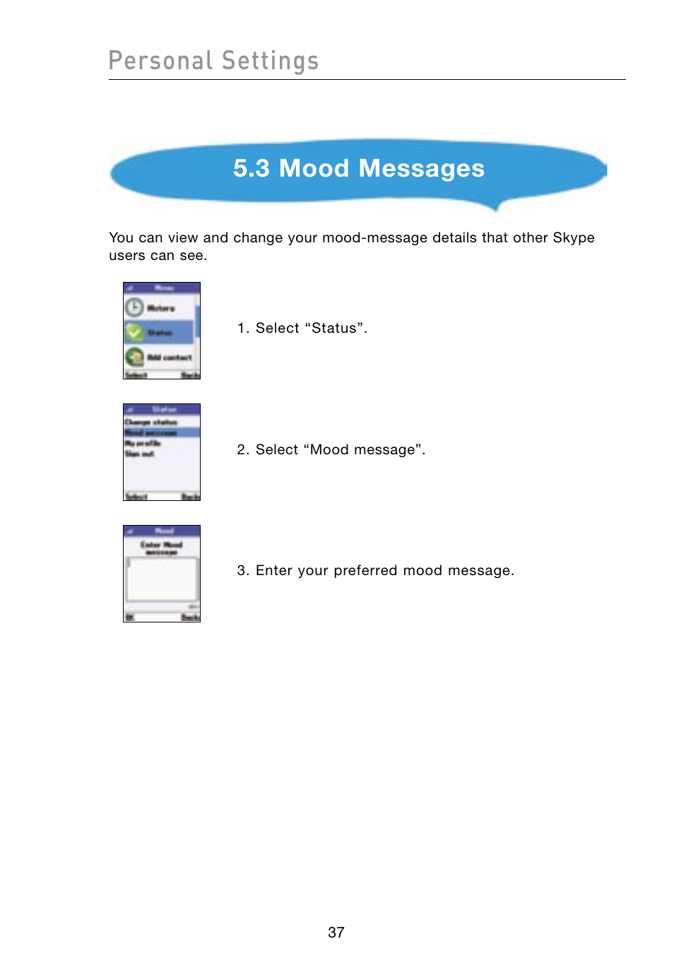 Personal settings, 3 mood messages | Belkin Skype F1PP000GN-SK User Manual | Page 40 / 54