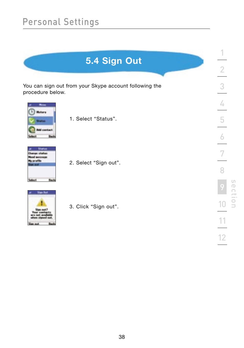 Personal settings, 4 sign out | Belkin Skype F1PP000GN-SK User Manual | Page 41 / 54