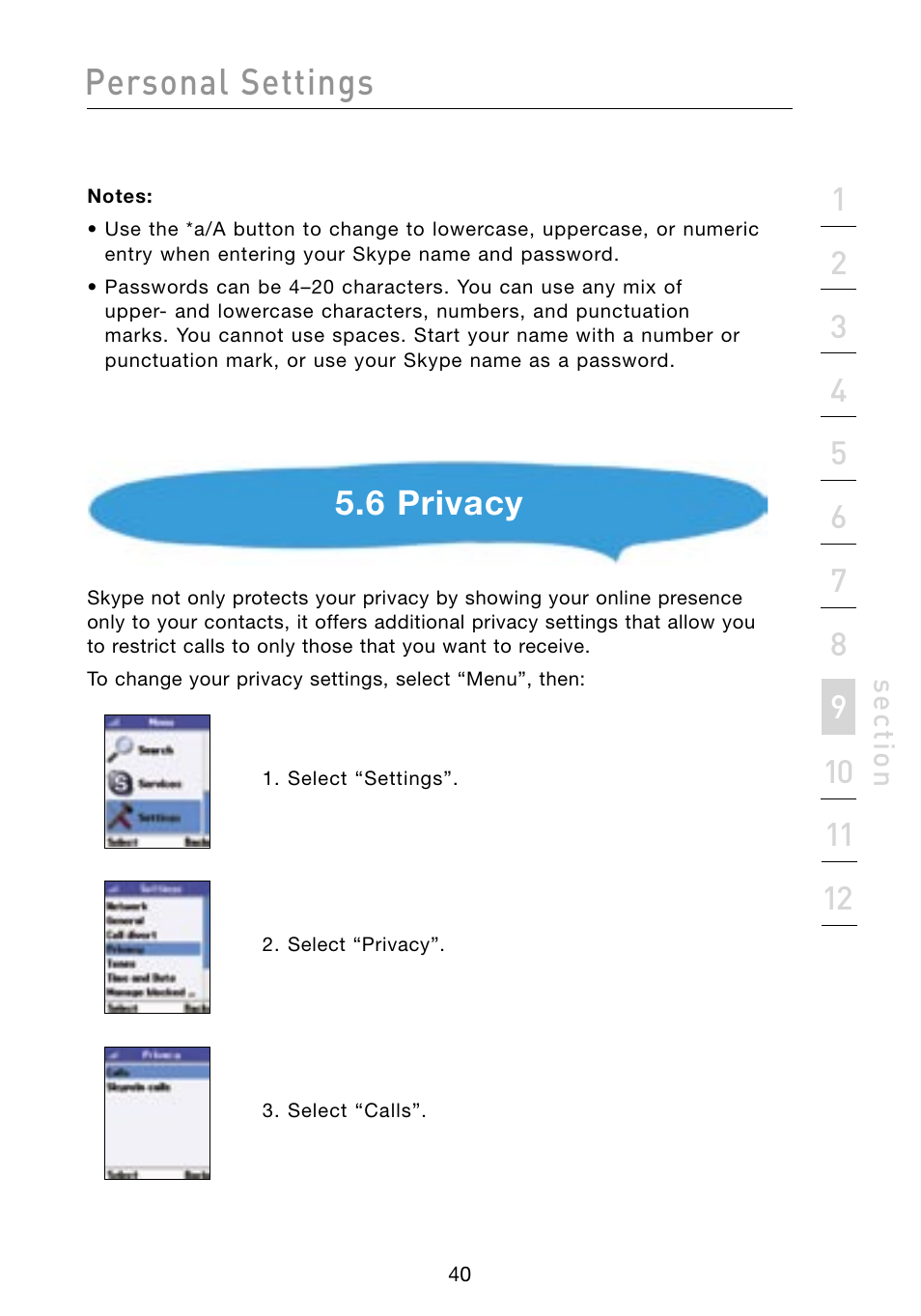 Personal settings, 6 privacy | Belkin Skype F1PP000GN-SK User Manual | Page 43 / 54