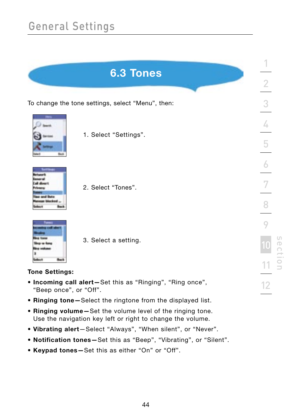 General settings, 3 tones, Se ct io n | Belkin Skype F1PP000GN-SK User Manual | Page 47 / 54