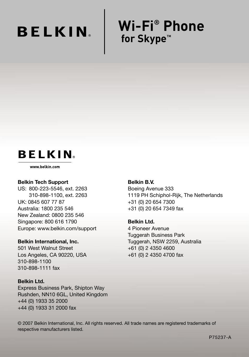 Wi-fi, Phone, For skype | Belkin Skype F1PP000GN-SK User Manual | Page 54 / 54