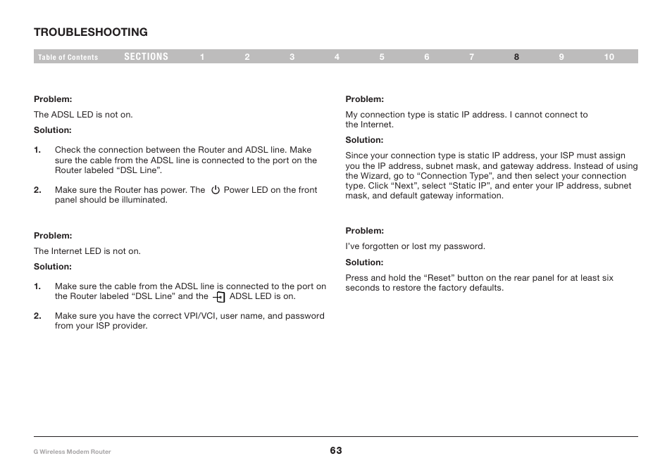 Troubleshooting | Belkin G Wireless Modem Router PM01218ea F5D7634-4 User Manual | Page 65 / 93