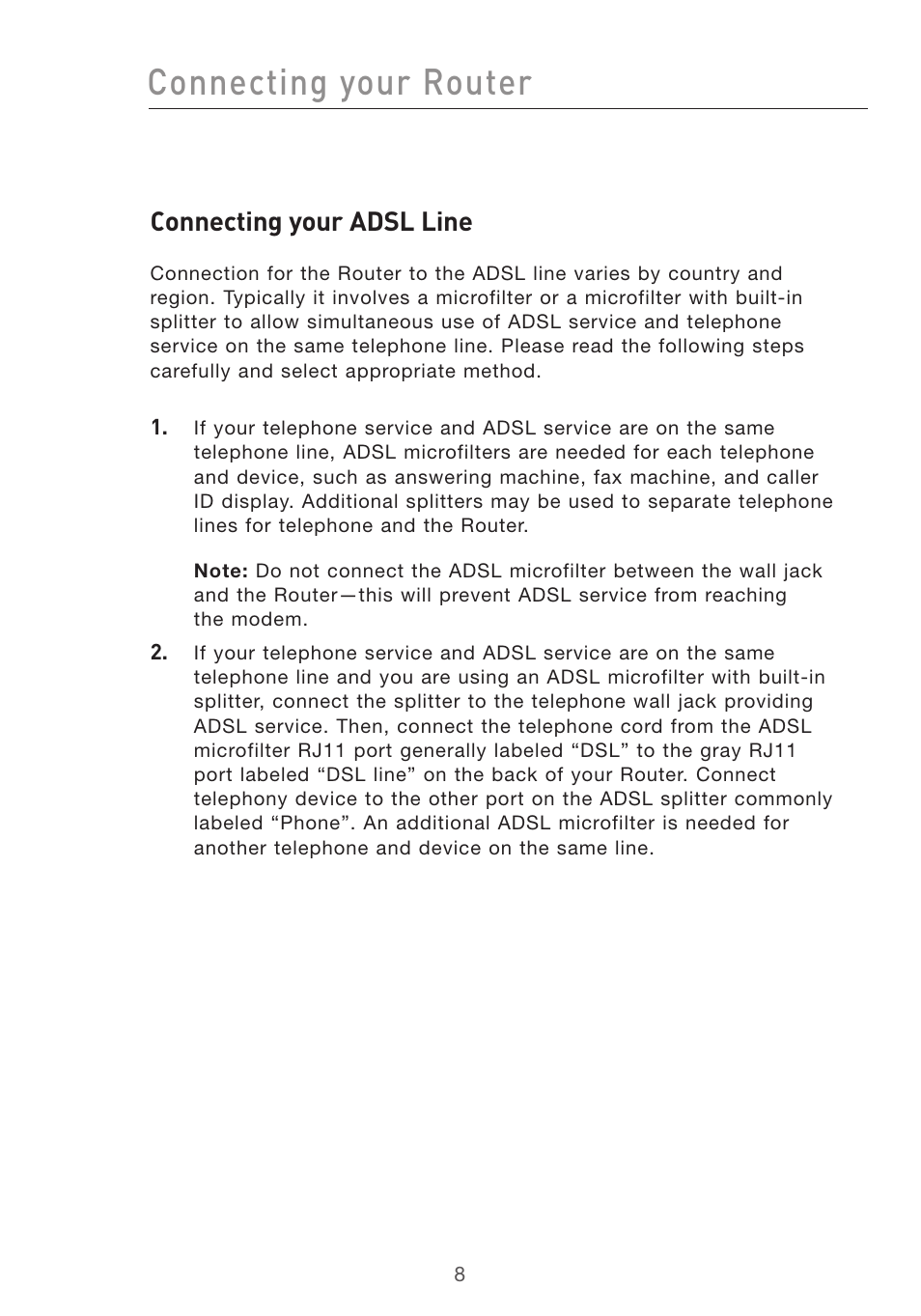 Connecting your router, Connecting your adsl line | Belkin Pre-N User Manual | Page 10 / 92