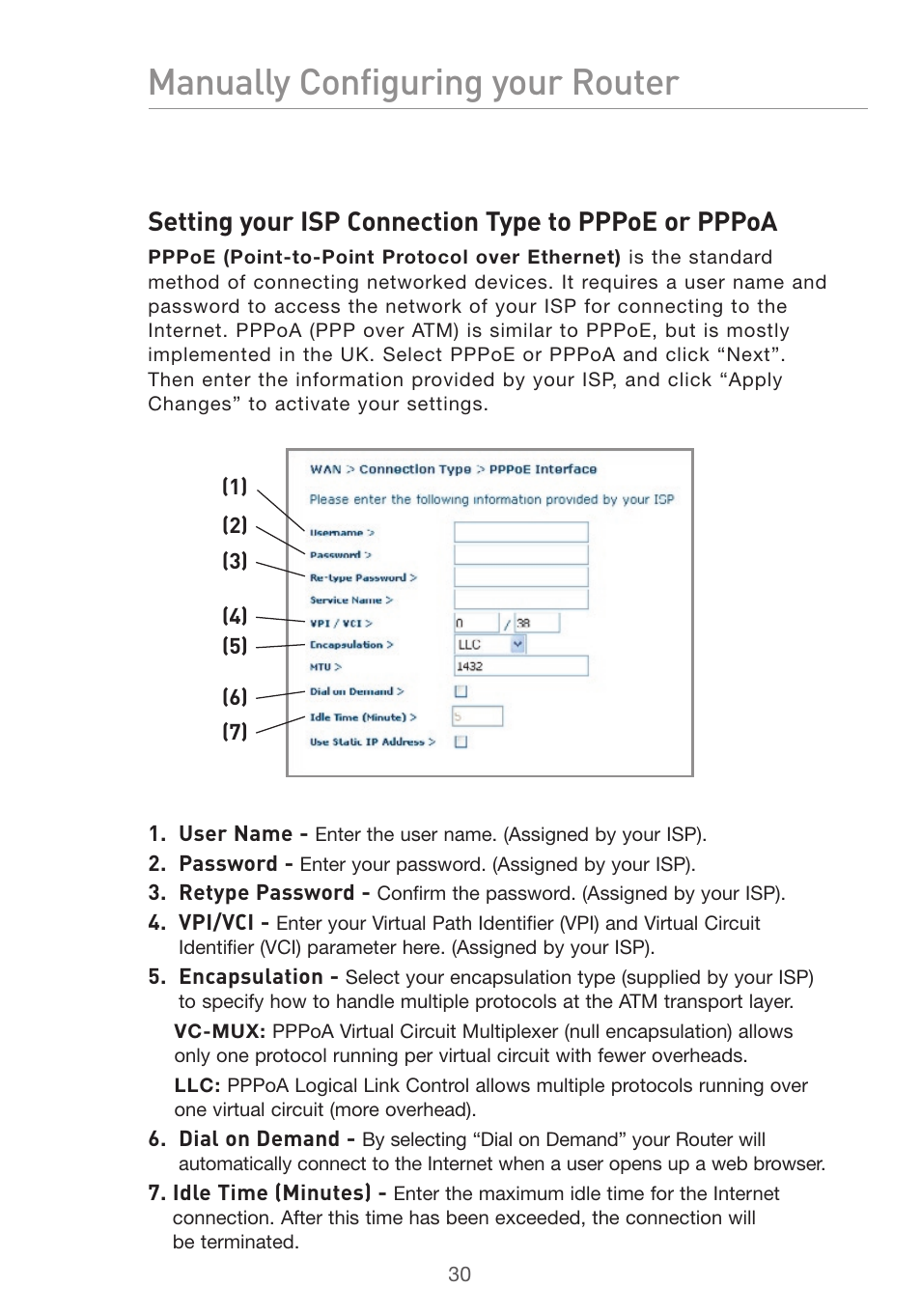 Manually configuring your router, Setting your isp connection type to pppoe or pppoa | Belkin Pre-N User Manual | Page 32 / 92
