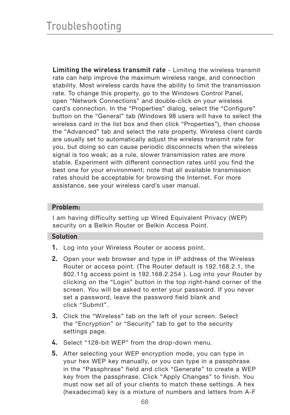 Troubleshooting | Belkin Pre-N User Manual | Page 70 / 92