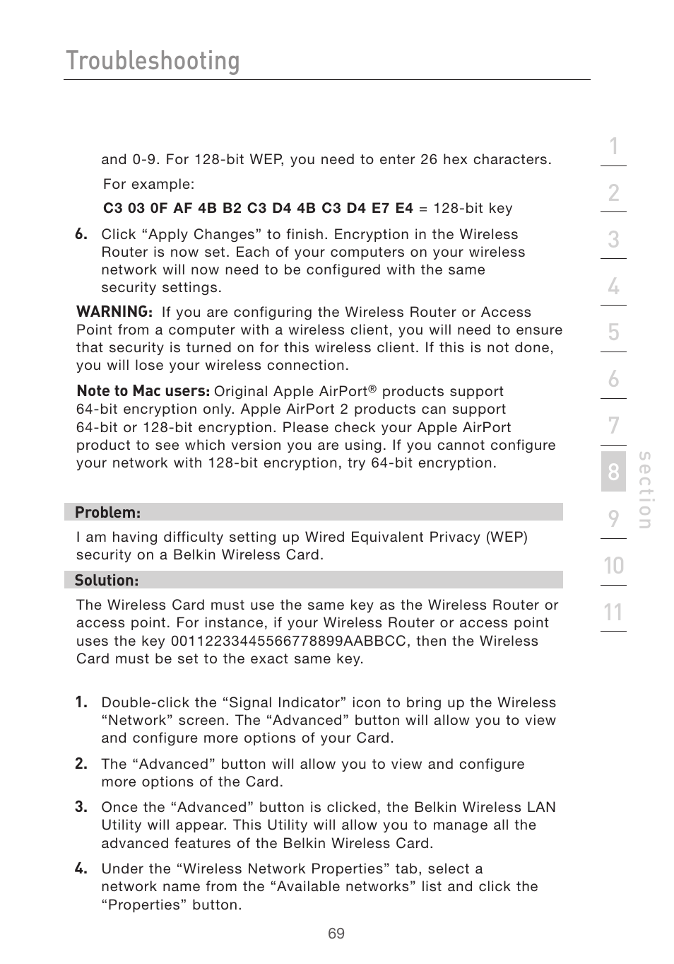 Troubleshooting, Se ct io n | Belkin Pre-N User Manual | Page 71 / 92