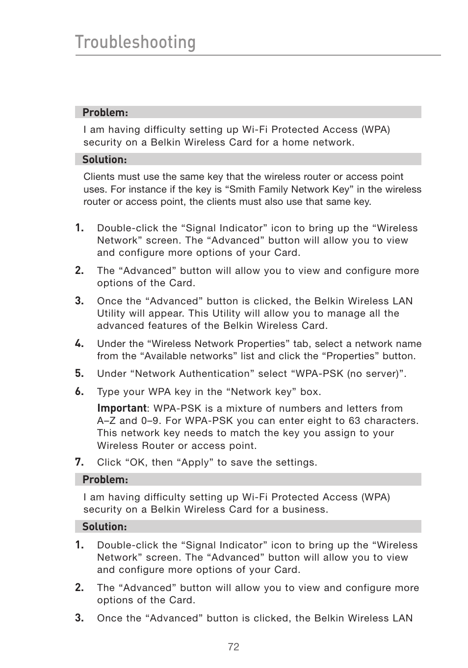 Troubleshooting | Belkin Pre-N User Manual | Page 74 / 92