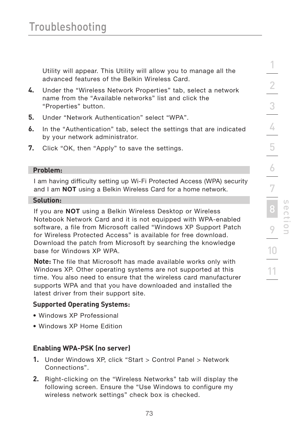 Troubleshooting, Se ct io n | Belkin Pre-N User Manual | Page 75 / 92