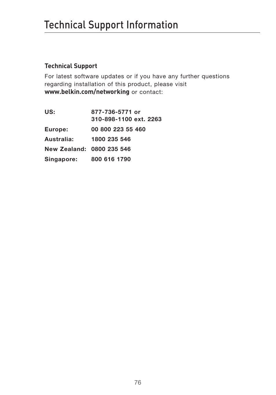 Technical support information | Belkin Pre-N User Manual | Page 78 / 92