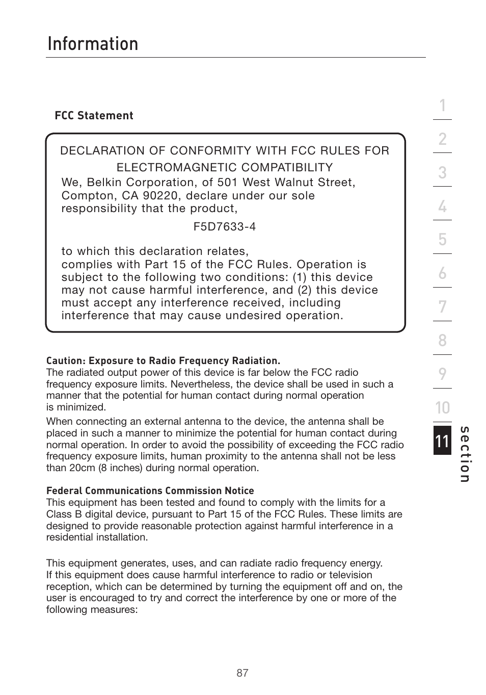 Information, Se ct io n | Belkin Pre-N User Manual | Page 89 / 92