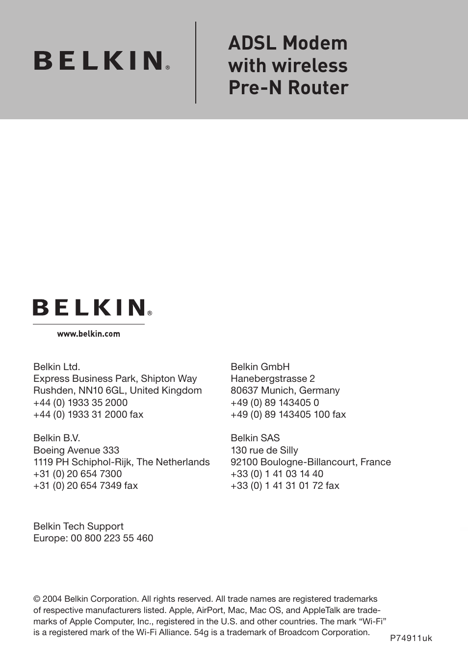 Adsl modem with wireless pre-n router | Belkin Pre-N User Manual | Page 92 / 92