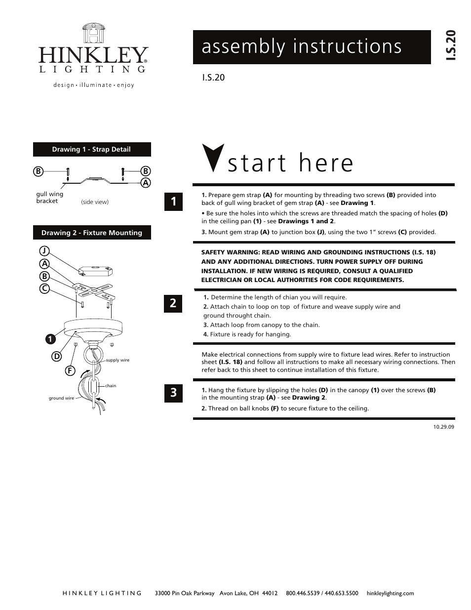 Is20, Start here, Assembly instructions | I.s .20 | Hinkley Lighting CAPE COD 2203 User Manual | Page 2 / 3