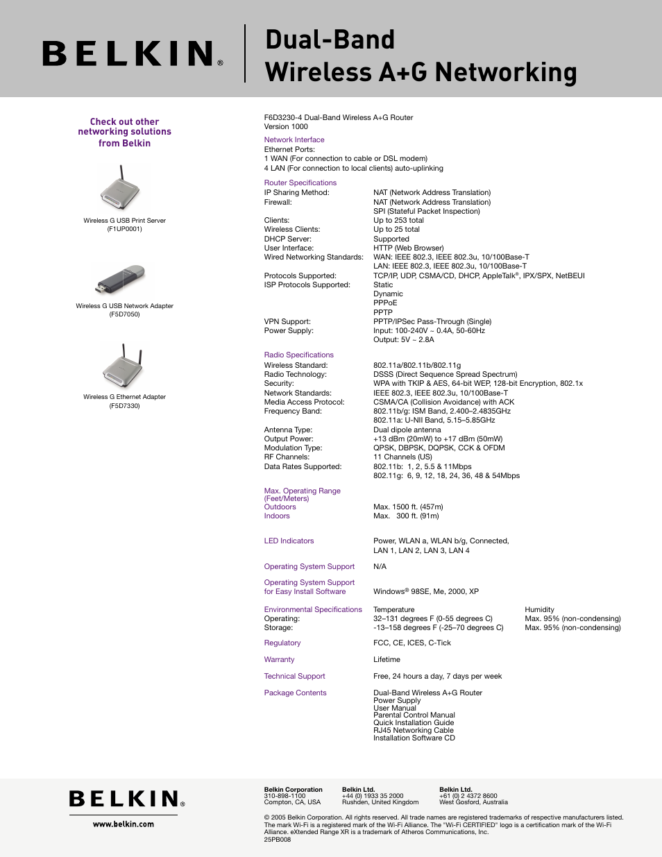 Dual-band wireless a+g networking, Check out other networking solutions from belkin | Belkin F6D3230-4 User Manual | Page 2 / 2